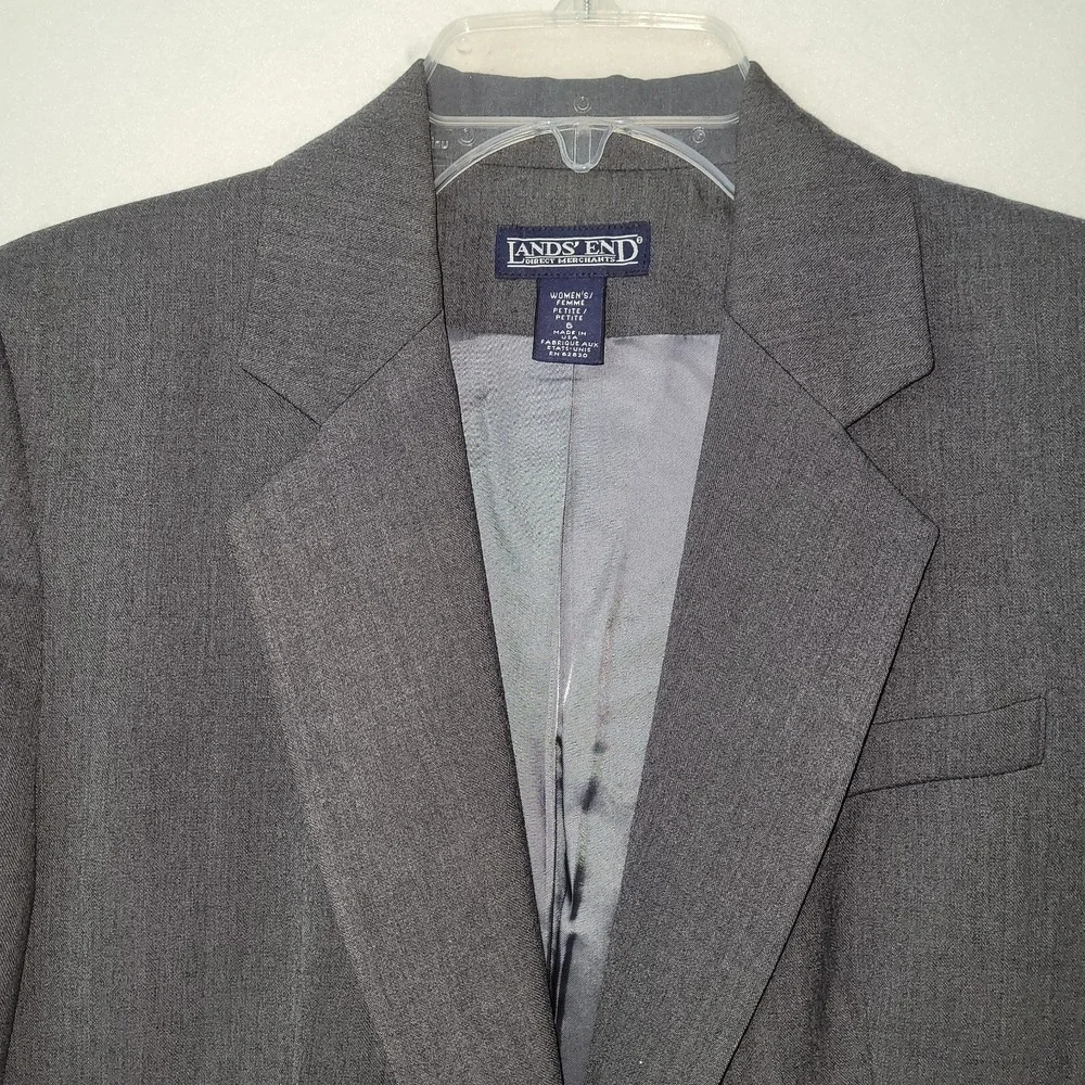Lands End Blazer Jacket Womens 6P Grey 1 Button  Classic Single‎ Breasted Office